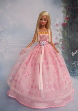 Hand Made Flower Light Pink Ball Gown Lace Barbie Doll Dress