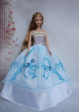 Ball Gown Barbie Doll Dress White and Blue Organza Applique