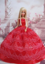 Red Sleeveless Ball Gown Taffeta Applique Barbie Doll Dress