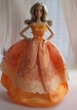 Ball Gown Orange Applique Straps Barbie Doll Dress