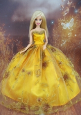 Beading Gold Ball Gown Organza Applique Barbie Doll Dress