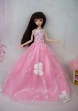 Embroidery Pink Princess Lace Floor Length Barbie Doll Dress