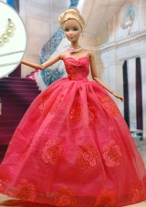 Sweetheart Organza Red Embroidery Clothes for Barbie Doll