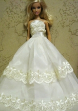 White Organza Embroidery Floor Length Barbie Doll Dress