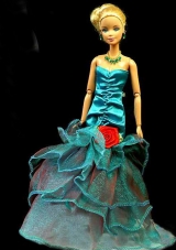 Teal Sequins Layered Dress For Noble Barbie Red Flower