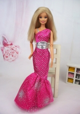 Mermaid Asymmetrical Hot Pink Beaded Sash Dress For Barbie