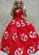 Red V-neck Straps Ball Gown Embroidery Barbie Doll Dress