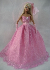 Strapless Rose Pink Lace Wedding Dress For Barbie Doll