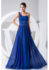 One Shoulder Beading Blue Chiffon Prom Dress Handle Flowers