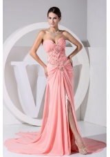 High Slit Pink Sweetheart Beading and Ruch Brush Train Prom Dress