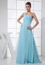 light Blue One Shoulder Beading and Ruch Floor-length Prom Dress
