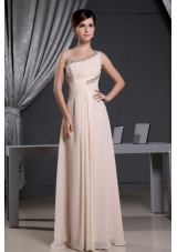 One Shoulder Baby Pink Floor-length Prom Dress with Beading