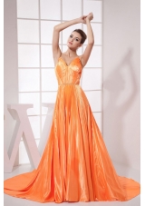 Orange Red Beading Pleat Brush Train Prom Dress
