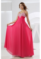 Beading Empire Chiffon Straps Prom Dress Hot Pink