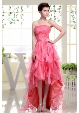 High-low Coral Red Prom Dress with Beading Rufflers