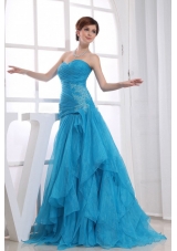 Organza Blue Ruffles Ruched Sweetheart Prom Dress