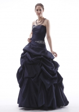 Navy Blue Beaded Prom Dress Pick-ups Taffeta Lace-up