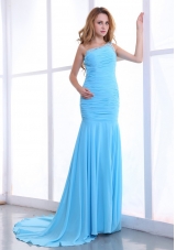 Ruching Blue One Shoulder Prom Gown Brush Beaded