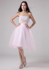 Tea-length Pink Tulle Lace and Beaded Prom Dress