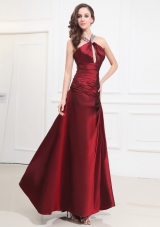 Beading Taffeta Prom Dress Halter A-Line Wine Red