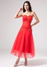 Red Ankle-length TulleProm Dress Beads Appliques