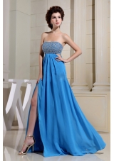 High Slit Beaded Sexy Blue Prom Dress Back Cut
