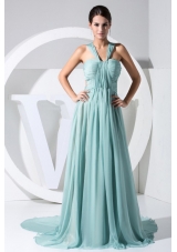 Straps Light Blue 2013 Prom Dress Watteau Backless