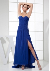 High Slit Watteau Train Blue Ankle Length Prom Dress