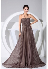Halter Pleating Throughout Brown Brush Prom Dress