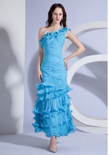 Floral One Shoulder Aqua Ankle-length Prom Dress