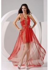 Halter Embroidery X Shaped Back High-low Prom Dress