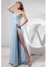 Light Blue One Shoulder High Slit Prom Dress Beading
