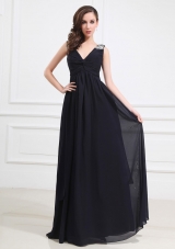 Beaded Shoulder Empire Black Long V-neck Prom Dress