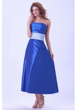 Royal Blue Bridemaid Dress Sash Tea-length Taffeta