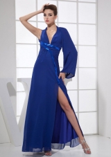 High Slit V-neck Blue Prom Dress Long Sleeve