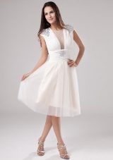 Sheer Scoop Tea-length Tulle Beading Prom Dress