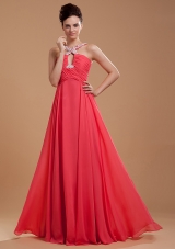 Keyhole V-neck Straps Back Appliques Coral Red Prom Dress