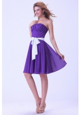 White Sash A-line Purple Bridesmaid Dresses