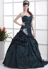 Navy Blue Brush Appliques and Pick-ups Prom Dress