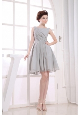 Bateau Grey Prom Dress A-line Ruching Knee-length