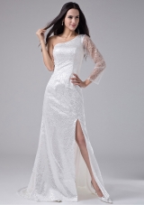 Sequins One Shoulder White Prom Dress High Slit
