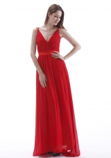 V-neck Empire Red Prom Dress Floor-length Chiffon