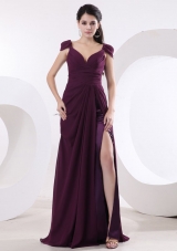 Cap Sleeves V-neck Purple Prom Dress High Slit
