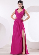 Fuchsia Ruch Brush V-neck Prom Dress High Slit