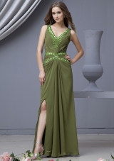 V-neck Prom Dress High Slit Olive Green Beading