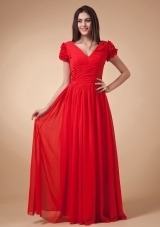 V-neck Short Sleeves Empire Prom Dress Wine Red