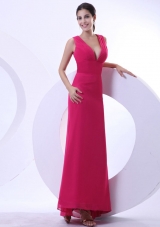 Sexy Hot Pink Prom Evening Dress V-neck Ankle-length