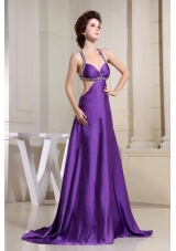 Attractive Purple Beaded Straps Prom Gown 2013