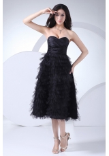 Prom Gown Ruffled Layers Tea-length Black Taffeta and Tulle