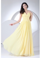 Light Yellow Prom Dress Chiffon Ruching V-neck